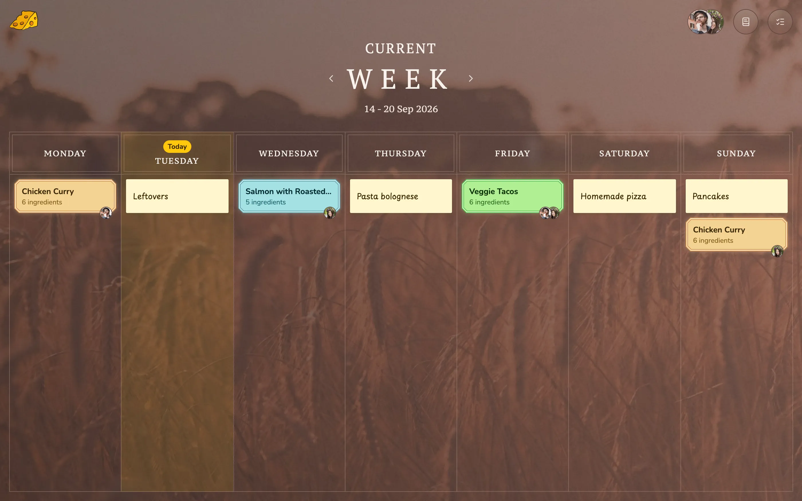 A week in Juusto's meal planner, with a meal planned for every day